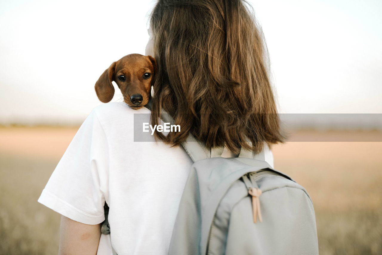 Woman holding dachshund puppy outdoor