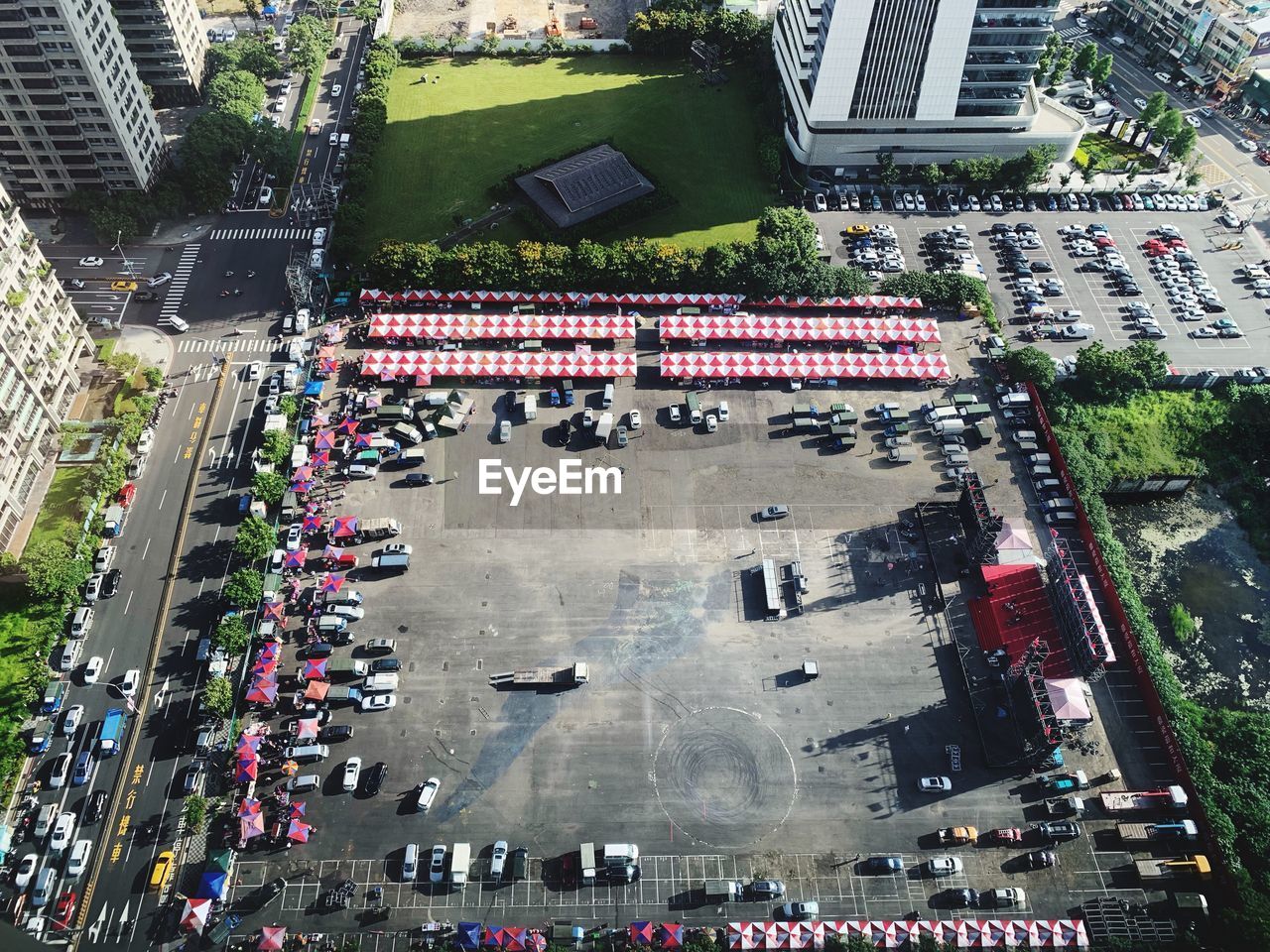 High angle view of people on road in city