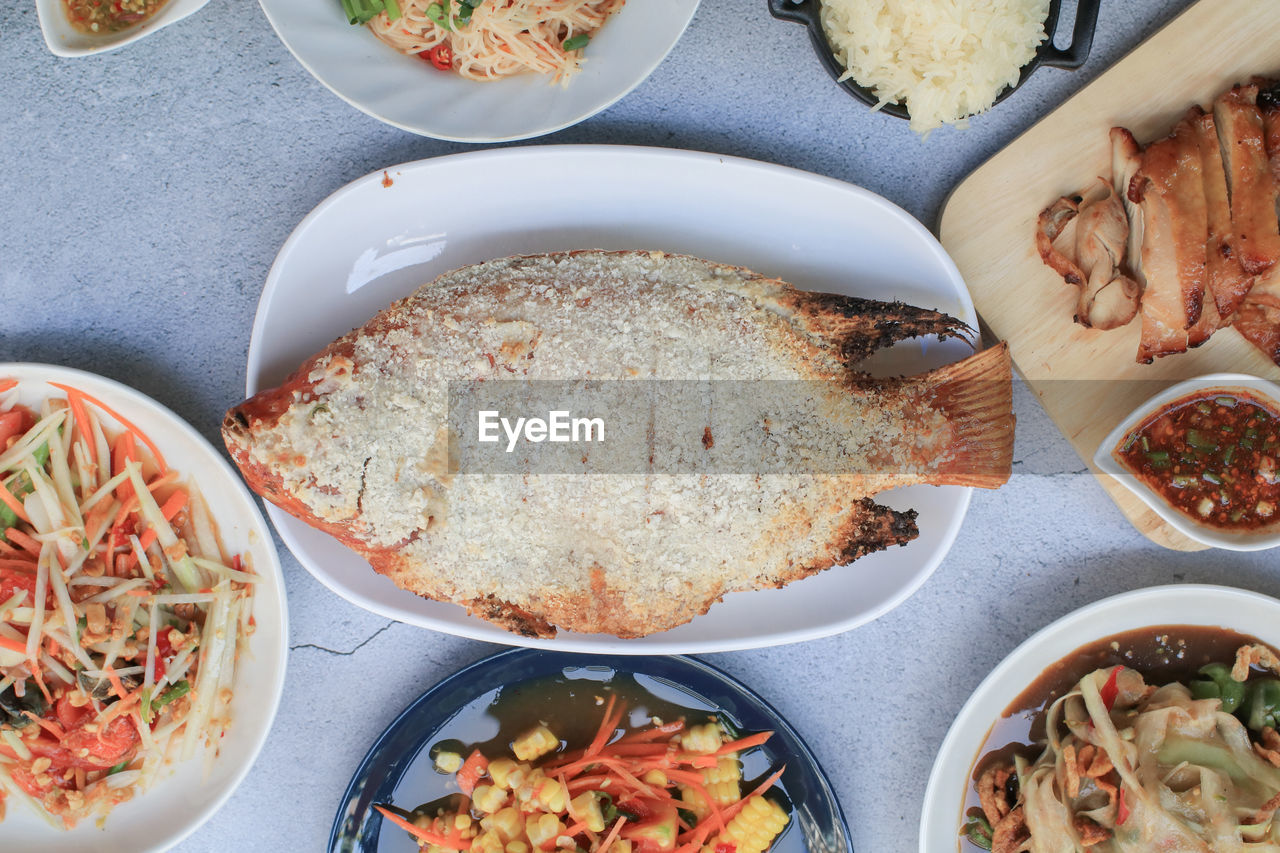 high angle view of food in bowls on table