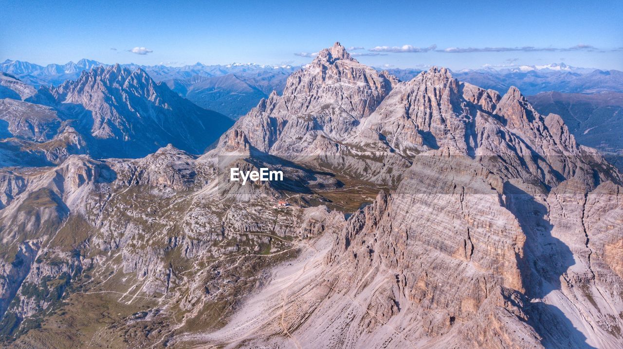 Panoramic view of snowcapped mountains against sky from drones 