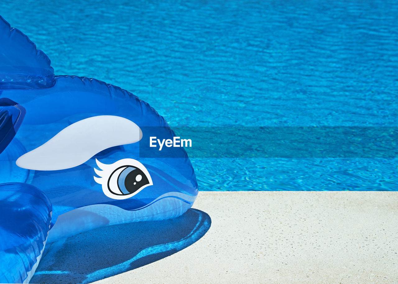 Close-up of blue inflatable dolphin toy at poolside