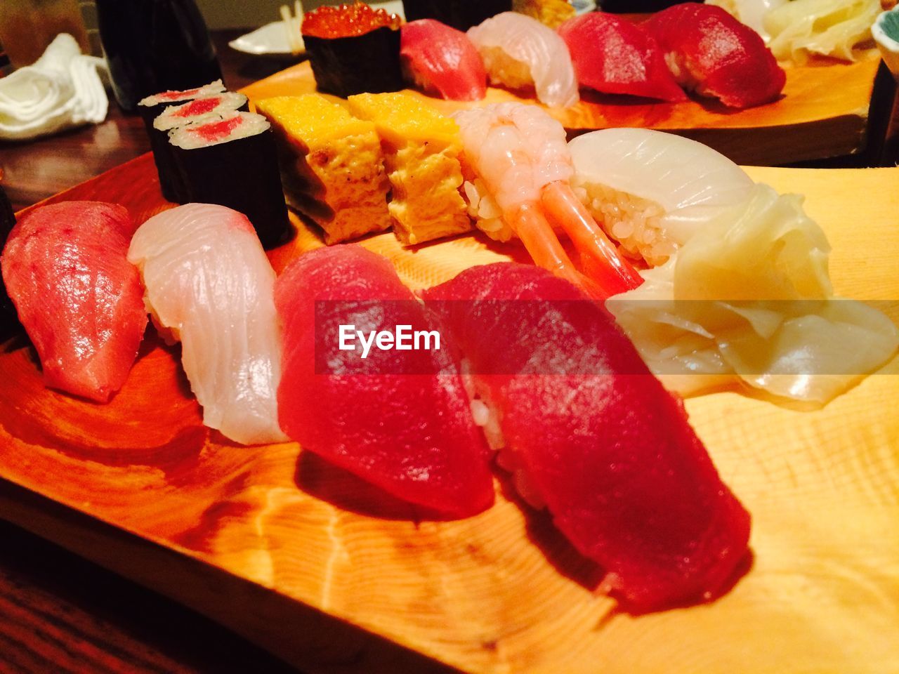 Close-up of fresh sushi served on table at restaurant