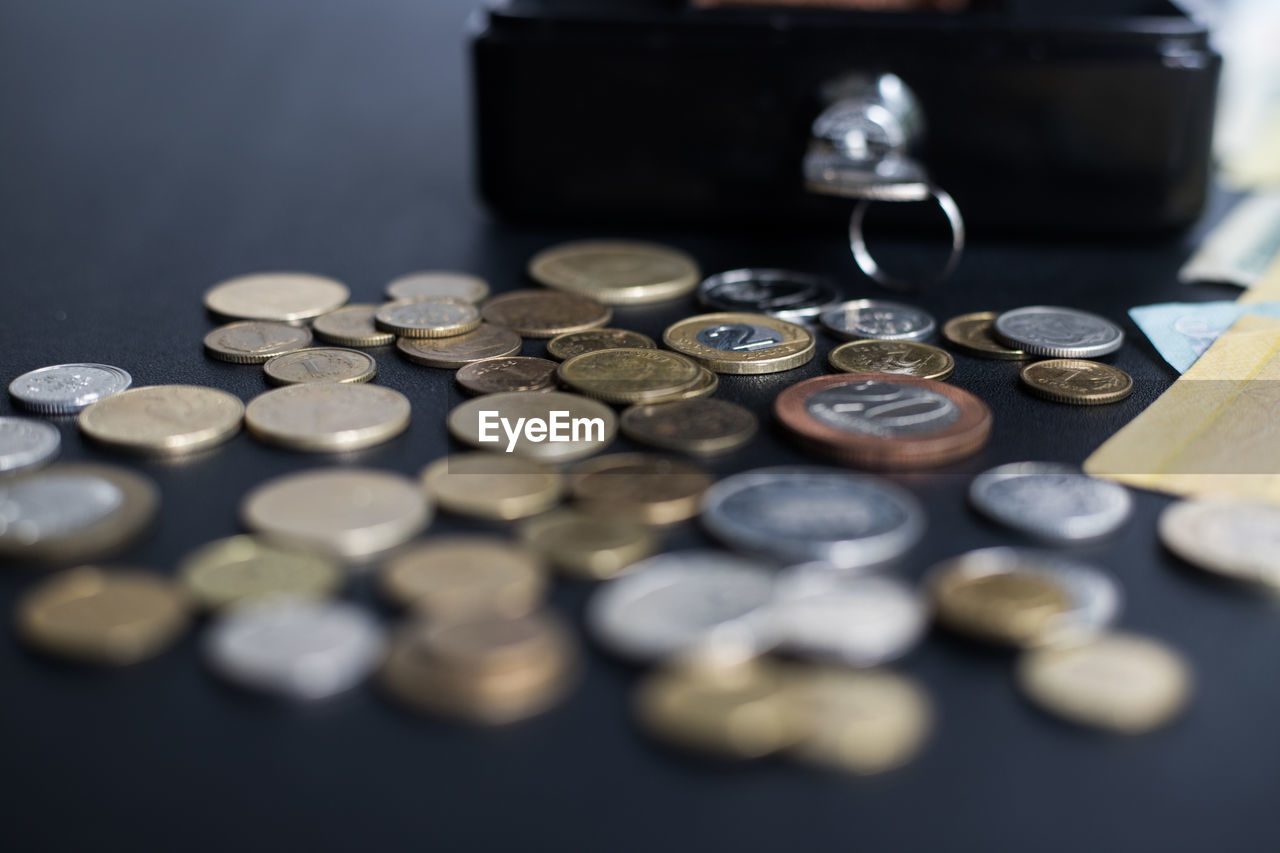 HIGH ANGLE VIEW OF COINS