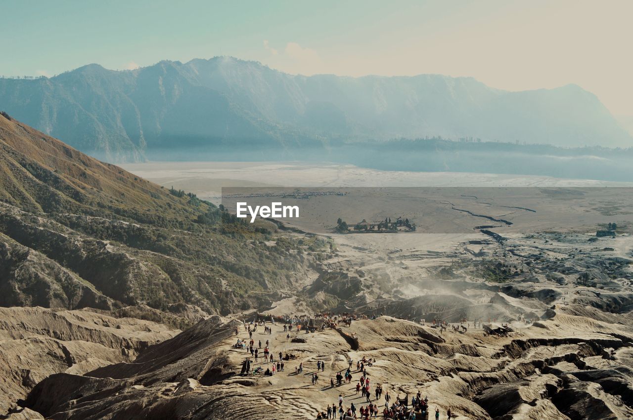 High angle view of mountain range against sky