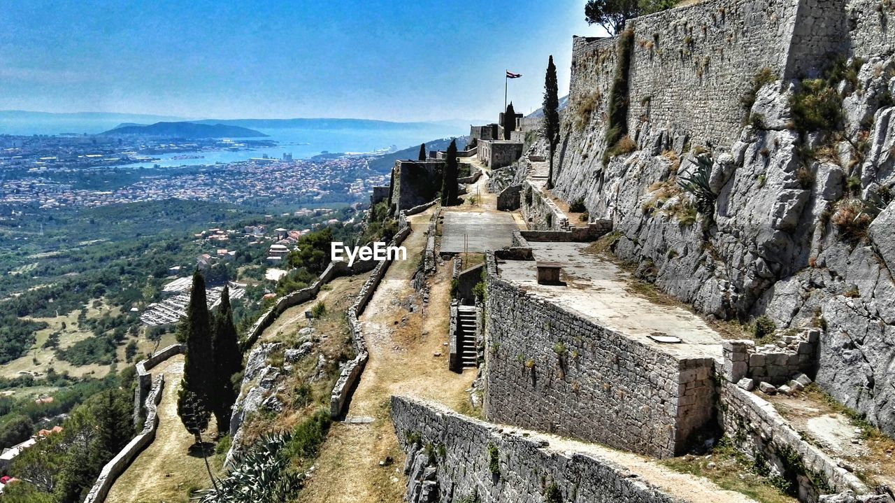 Aerial view of old built structures against sky