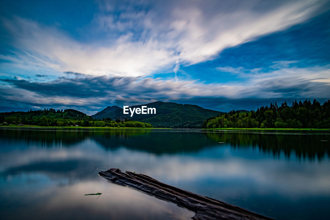 Scenic view of lake by mountains against sky