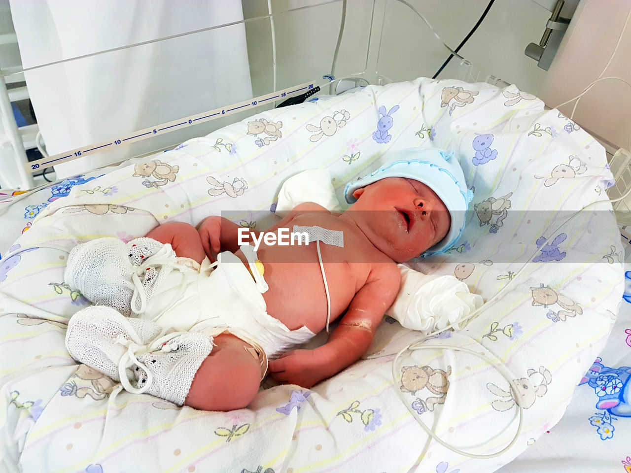 Cute baby lying in incubator