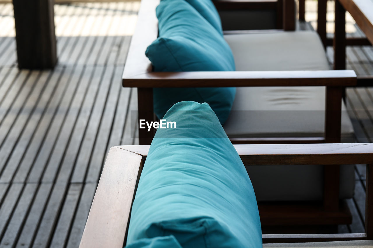 High angle view of cushions on furniture