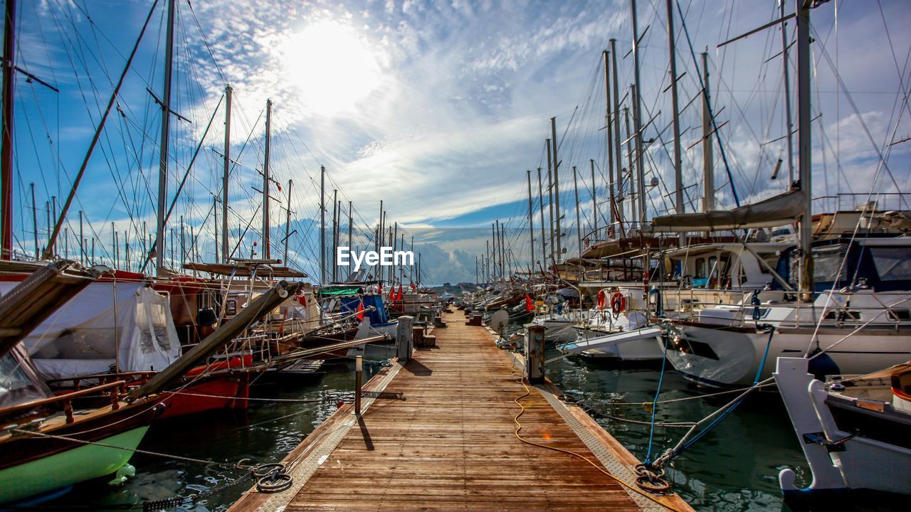 Boats moored at jetty against the sky