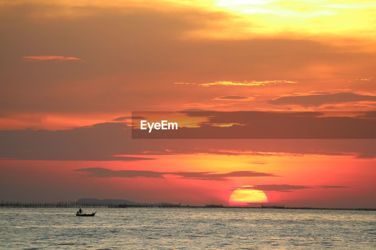 SCENIC VIEW OF SEA AGAINST ORANGE SUNSET SKY