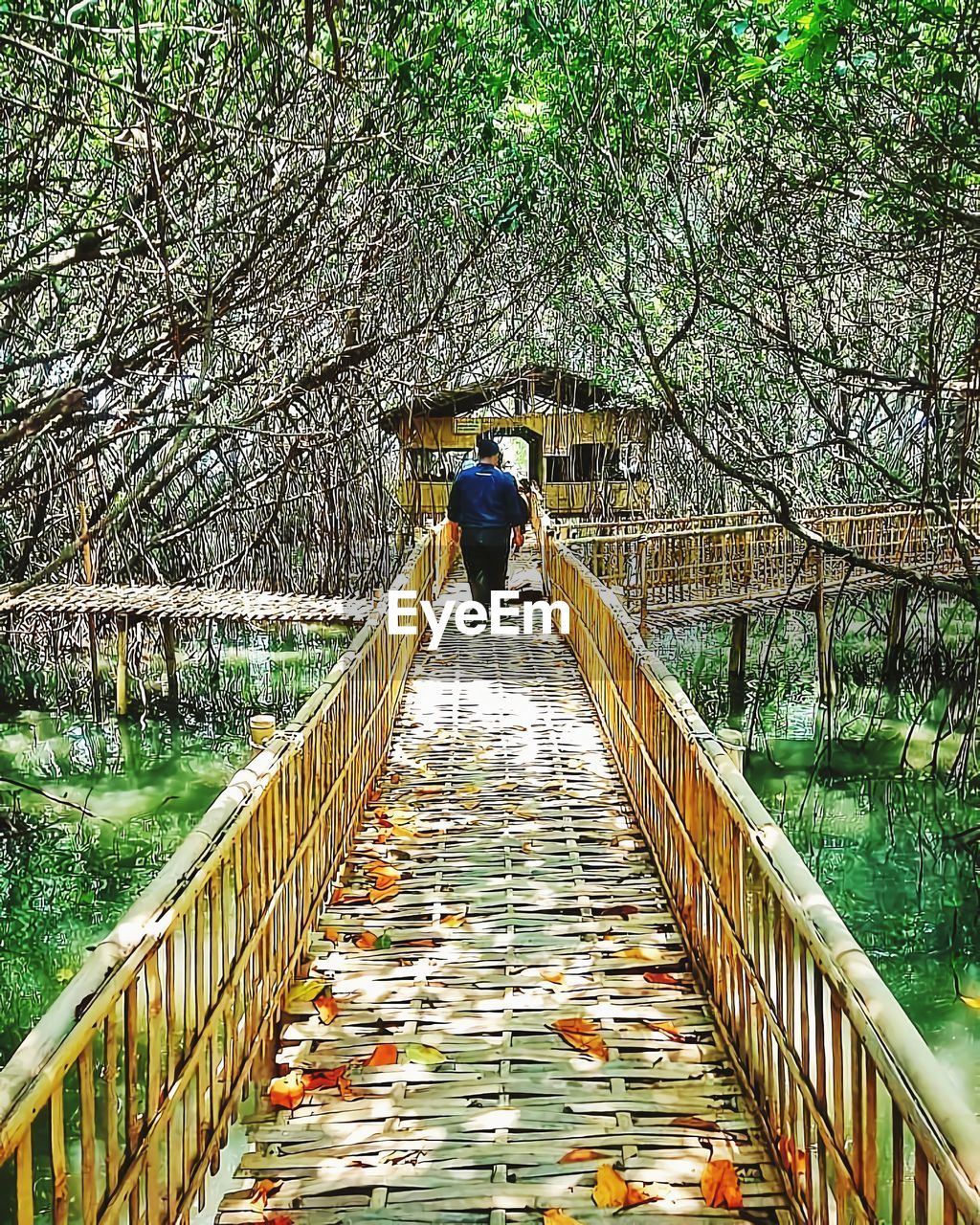 REAR VIEW OF MAN STANDING ON FOOTBRIDGE