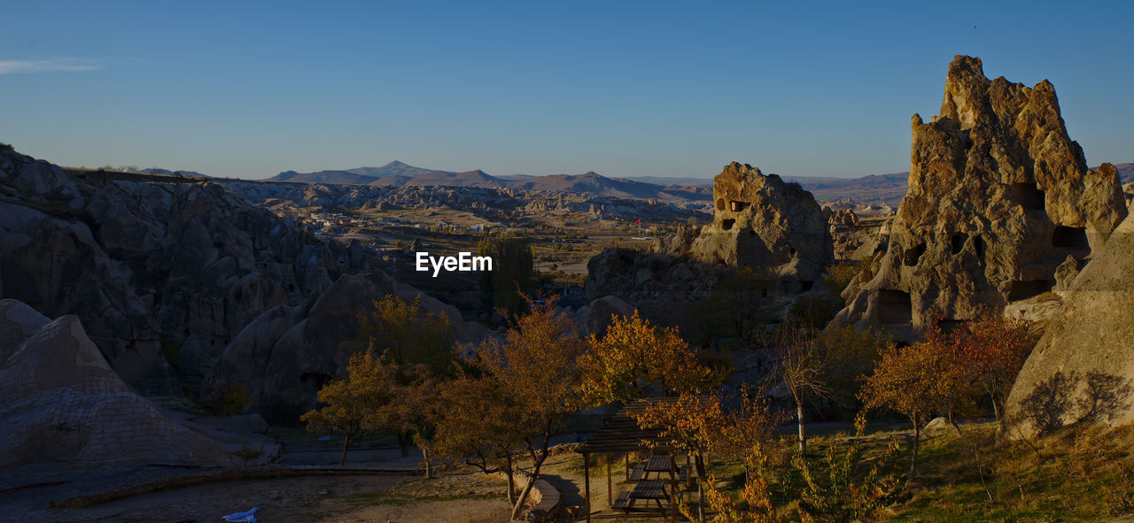 Panoramic view of landscape and mountains against clear sky