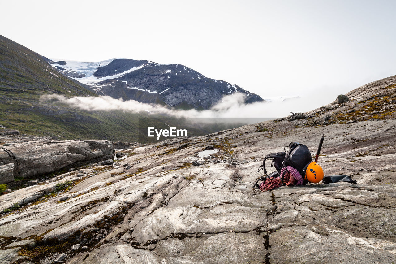 High angle view of mountain climbing equipment