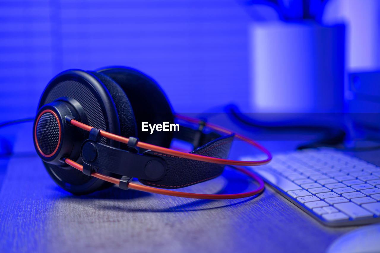 high angle view of headphones on table