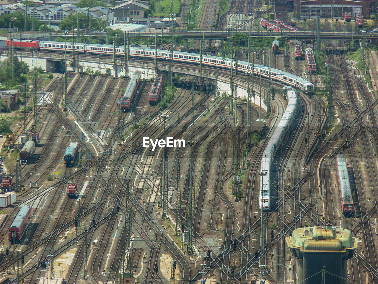 High angle view of railway traffic in city