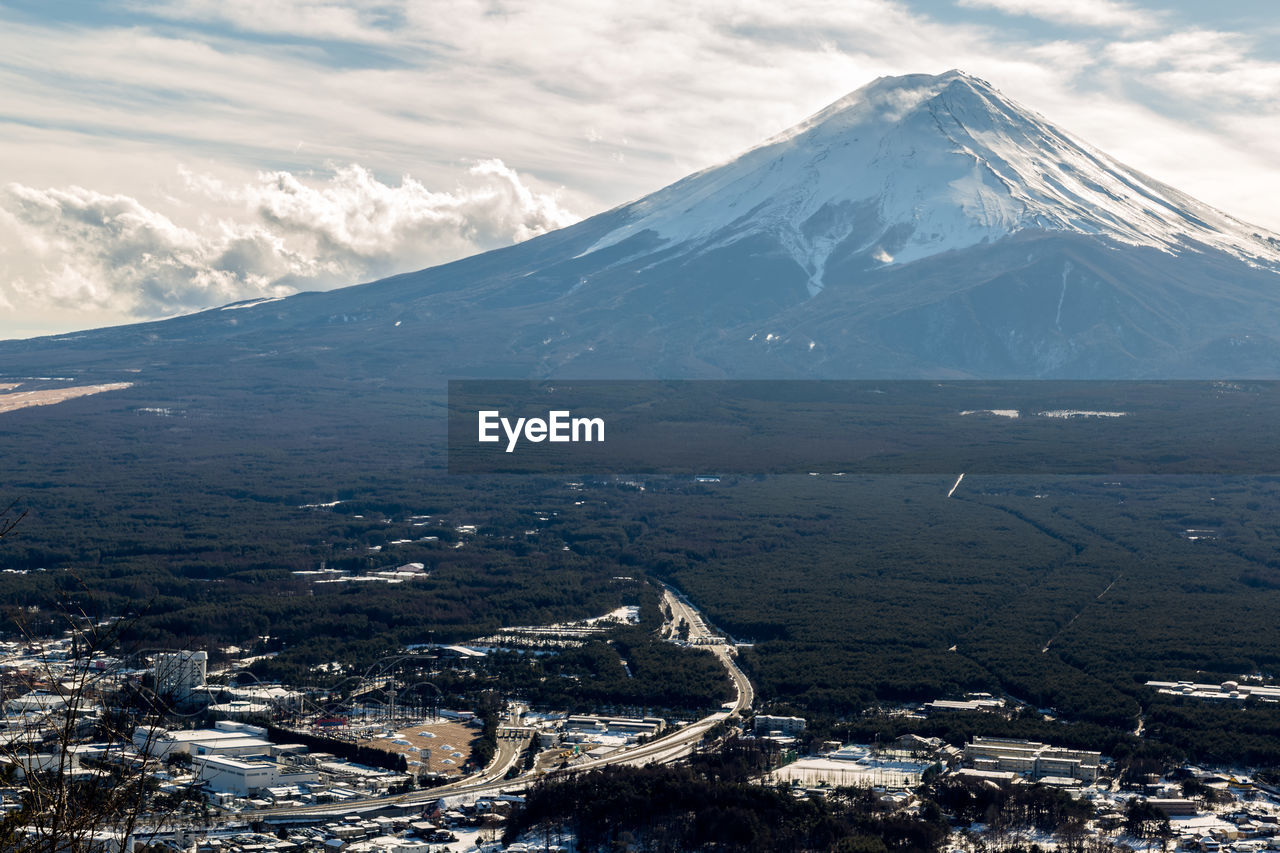 Aerial view of snowcapped mountains against sky