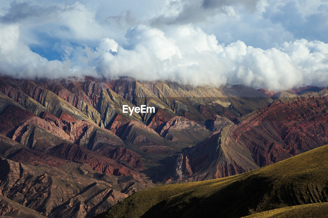 Aerial view of landscape against cloudy sky. touristic place, jujuy, argentina 