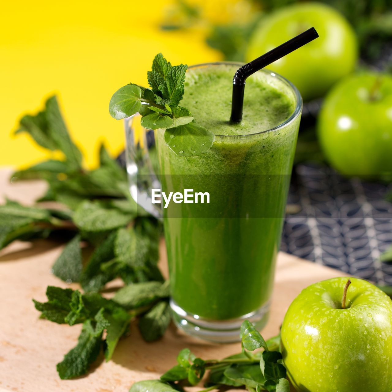 Fresh green healthy vegetable smoothie, green apple, mint. smoothie poster, freshy made. 