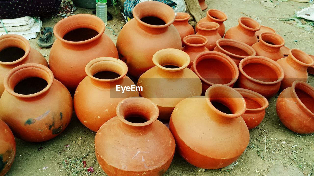 High angle view of pots