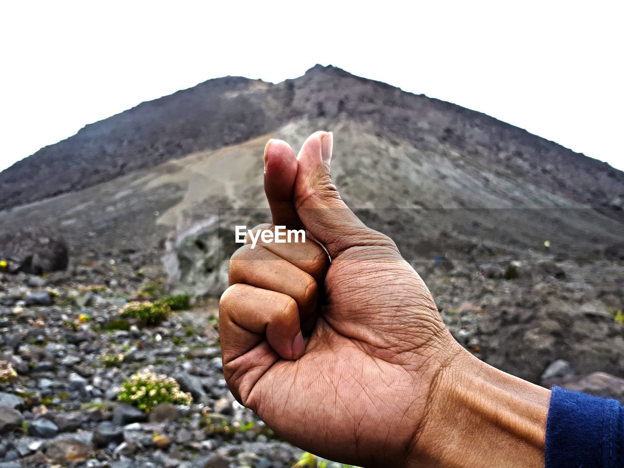 Cropped hand of person gesturing against clear sky