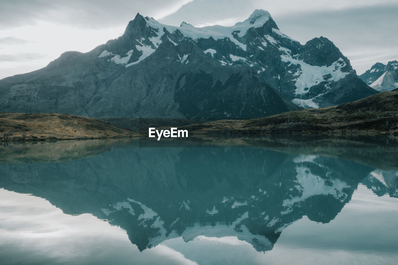 Scenic view of lake and mountains against sky