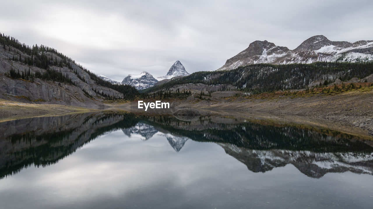 Prominent mountain reflecting in alpine lake during overcast day, pano, mt assiniboine pp, canada