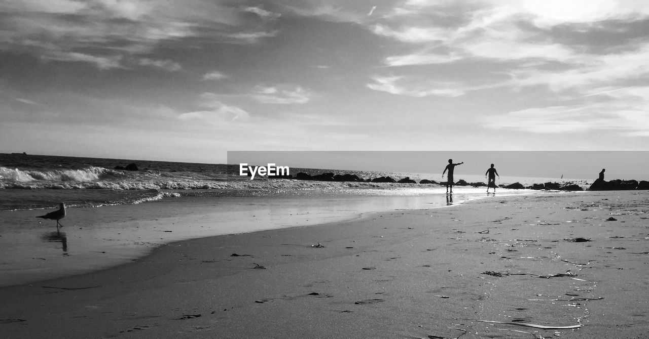 Silhouette people at beach against sky