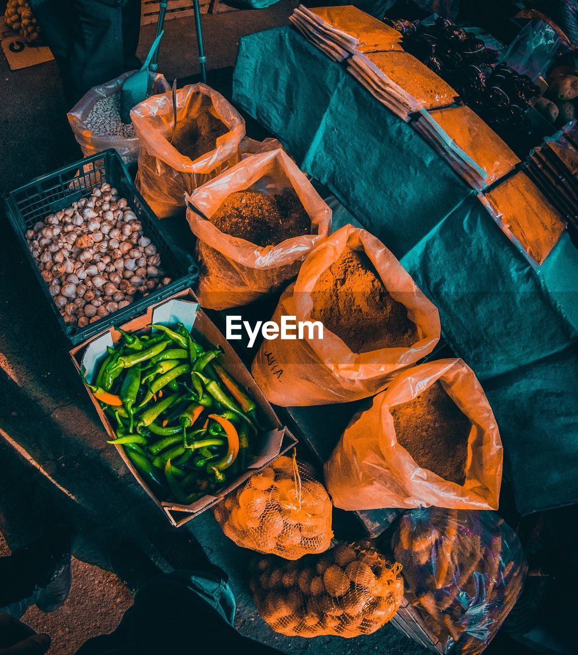 High angle view of spices for sale in market