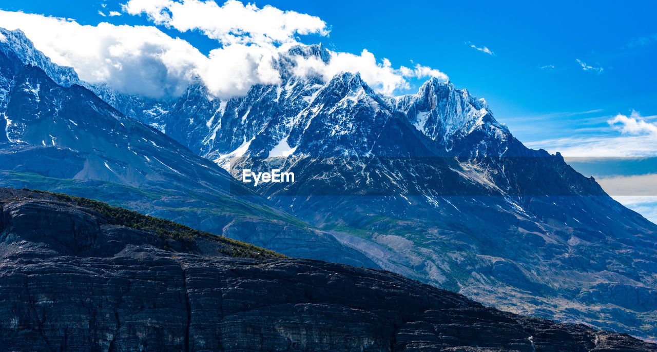 Scenic view of snowcapped mountains against sky