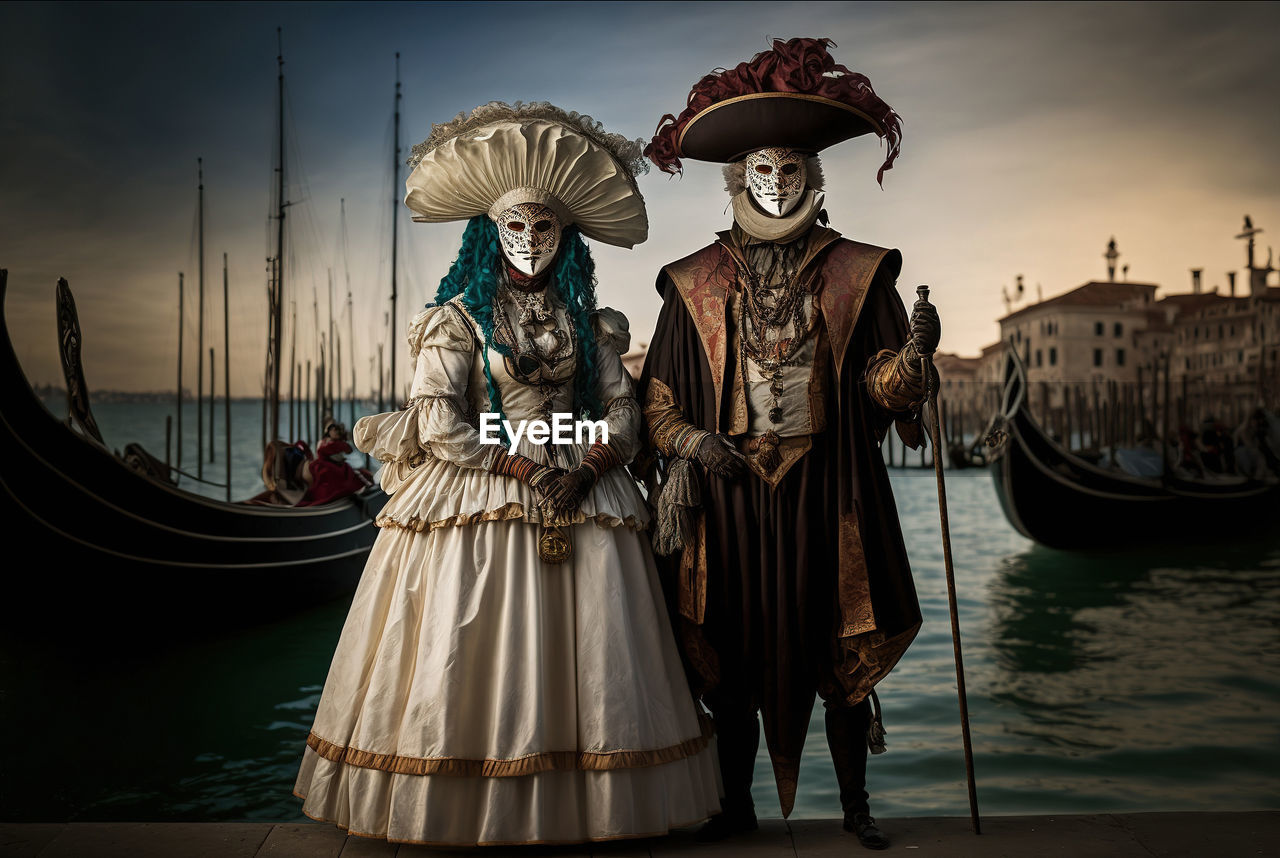 Full length body portrait of a couple with venetian masks with gondolas at the background. 