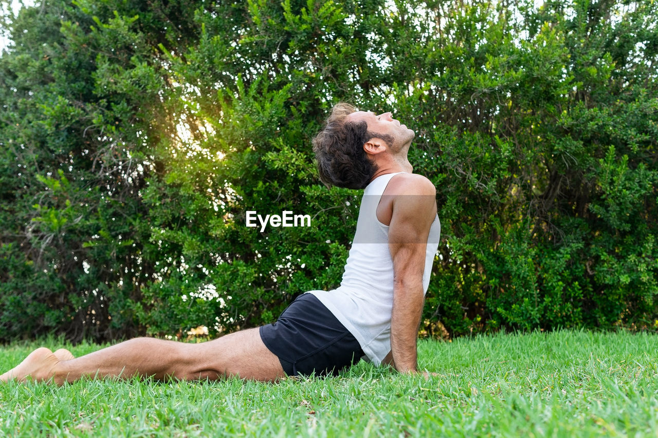 Side view of middle aged man in tank top and shorts stretching back in urdhva mukha svanasana pose on grassy lawn near green bushes during yoga session on summer day in park