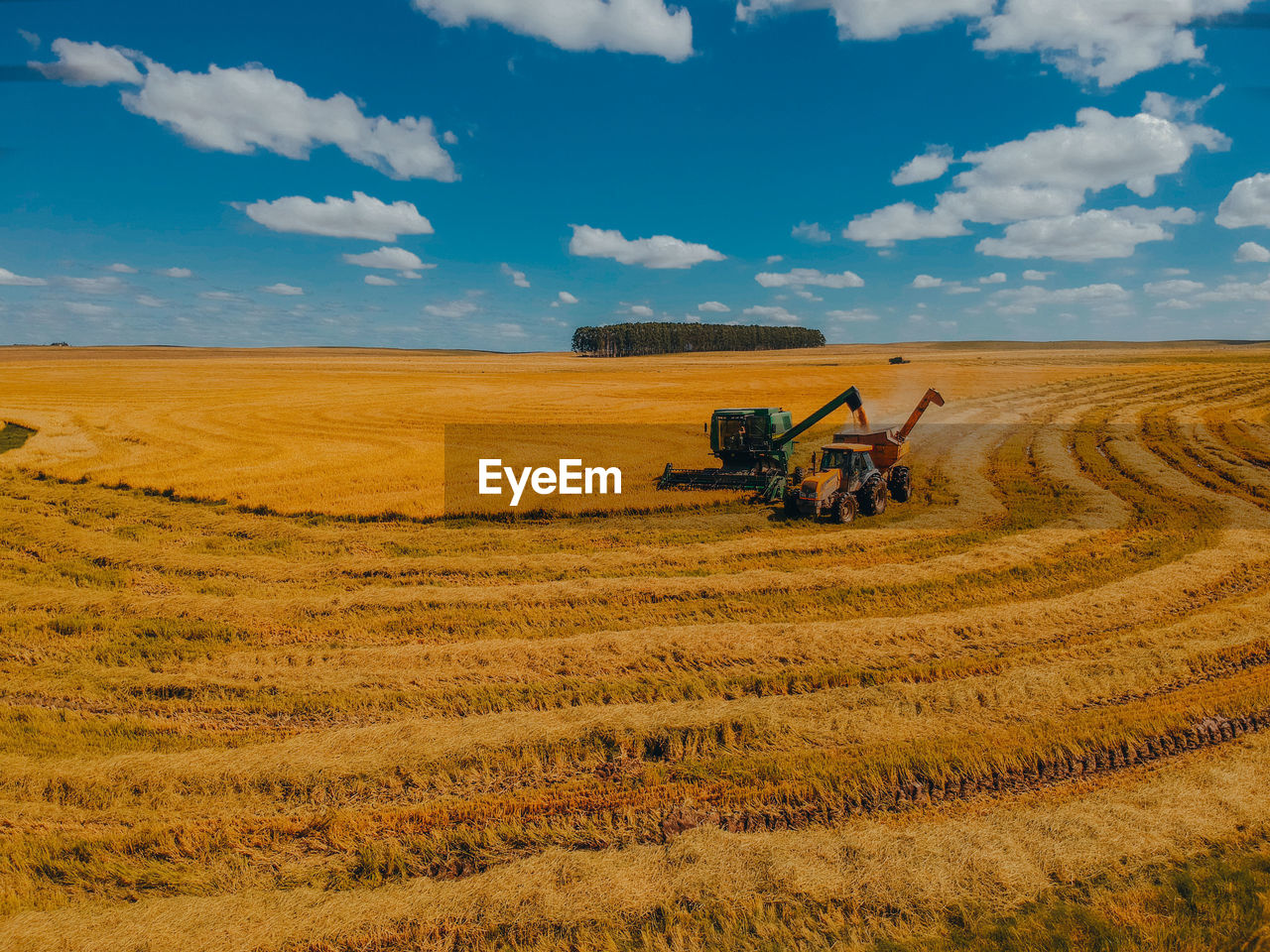 Hay bales on field against sky