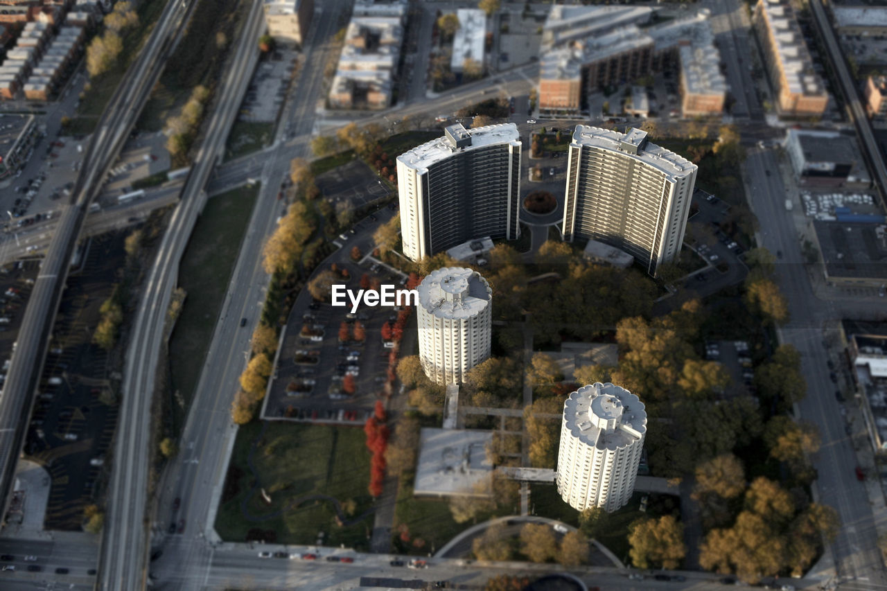 HIGH ANGLE VIEW OF SKYSCRAPERS