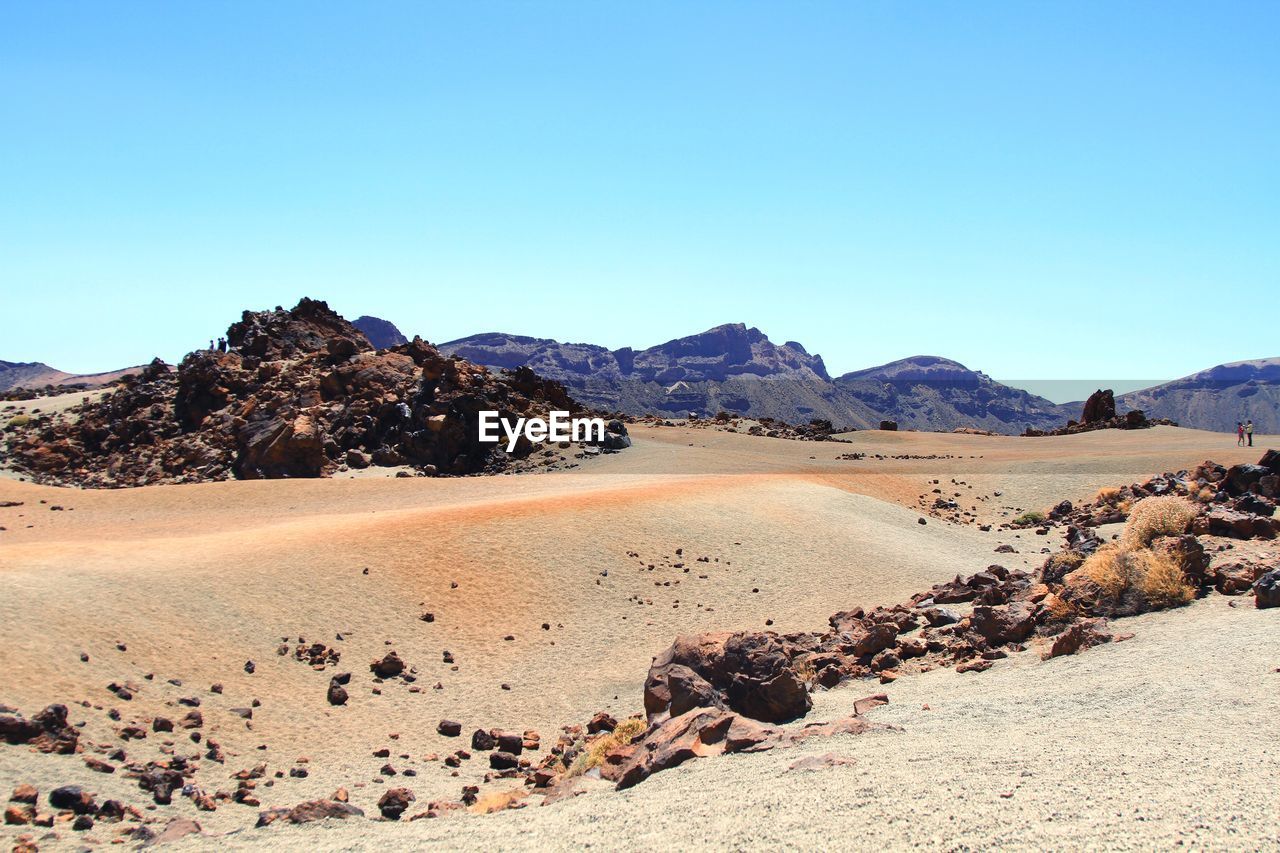 Scenic view of desert against clear blue sky