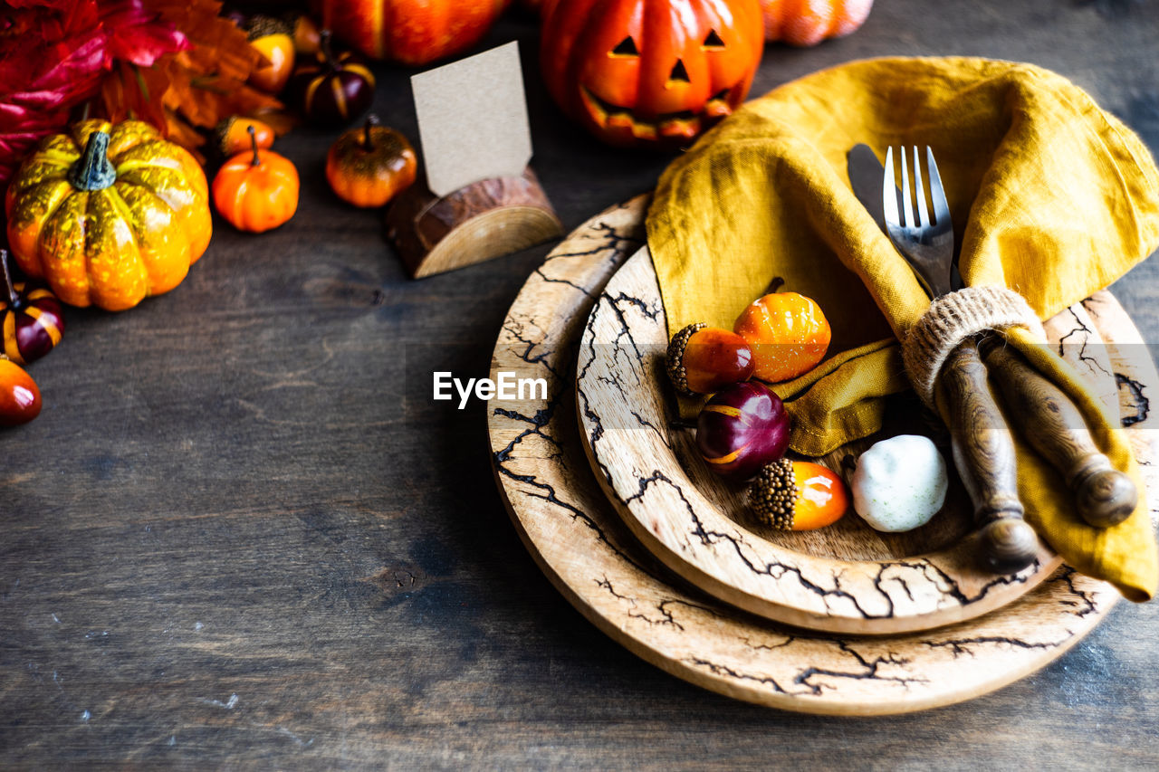 High angle view of squash in plate on table