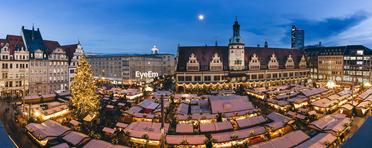 Panoramic shot of buildings at dusk