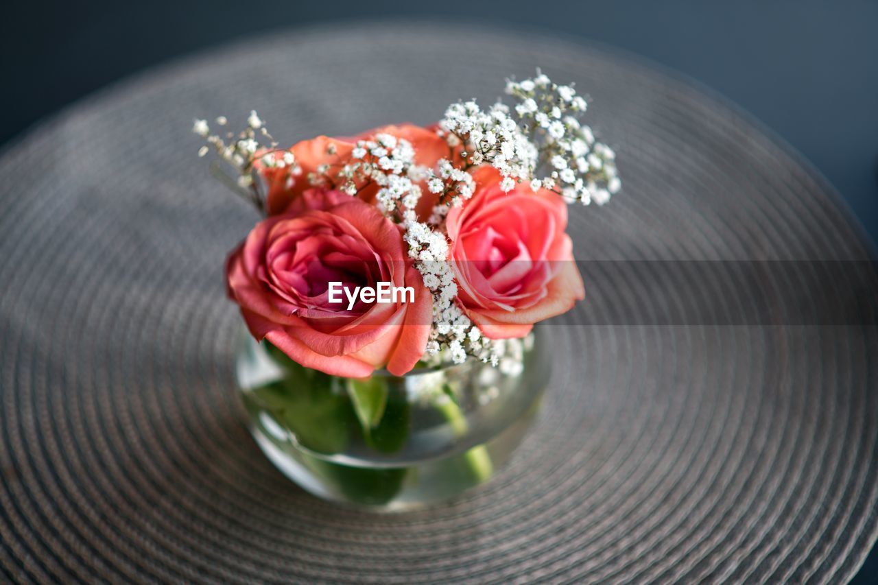 High angle view of rose bouquet on table