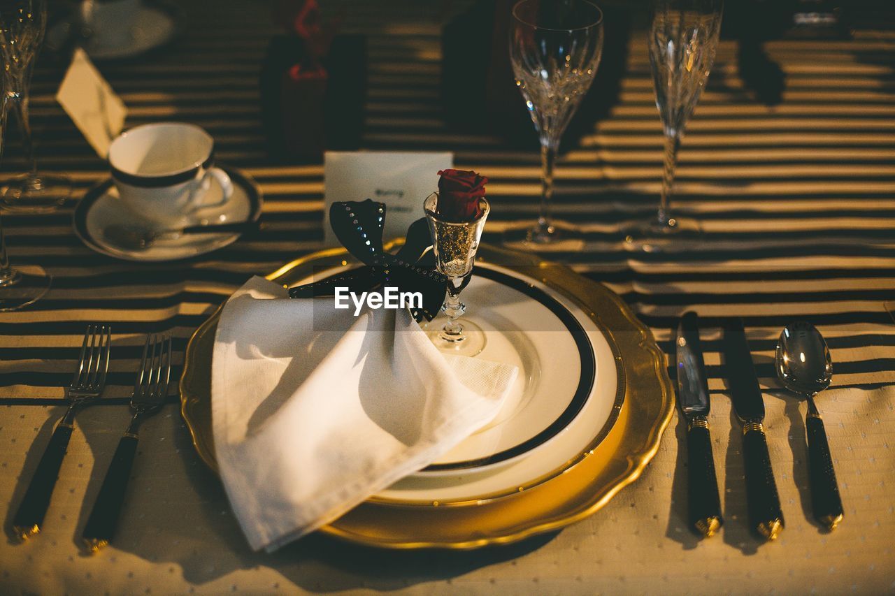 High angle view of place setting in restaurant