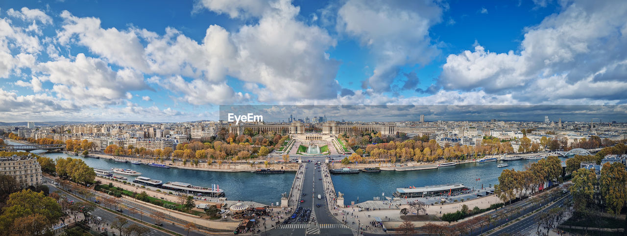 Scenery view from the eiffel tower height to the paris cityscape, france. seine river, trocadero