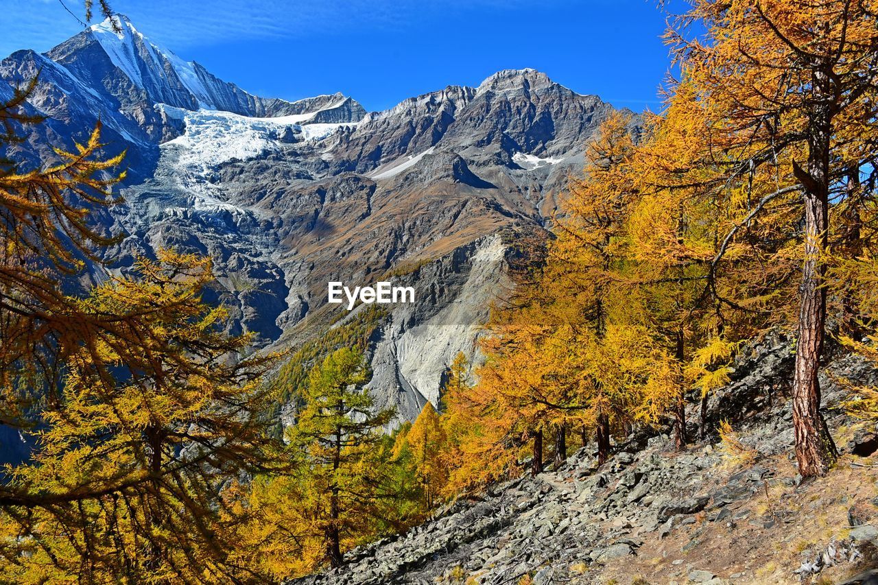 Scenic view of snowcapped mountains during autumn