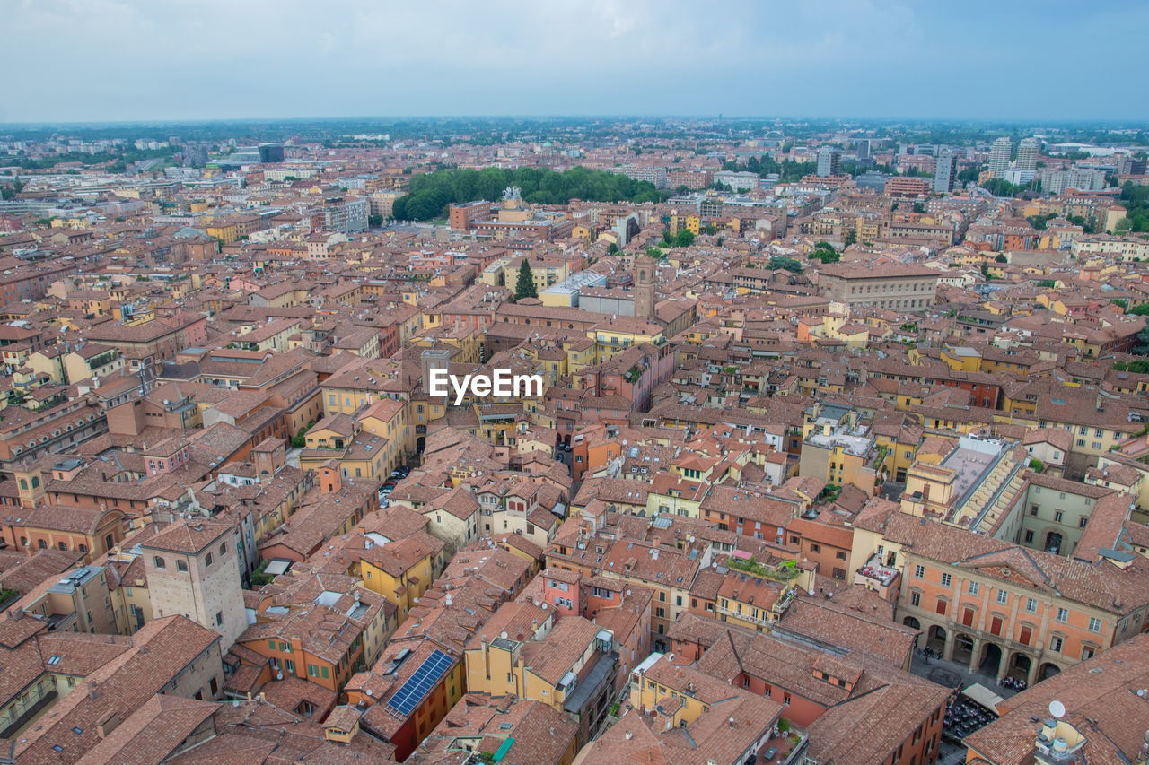 High angle shot of townscape against sky