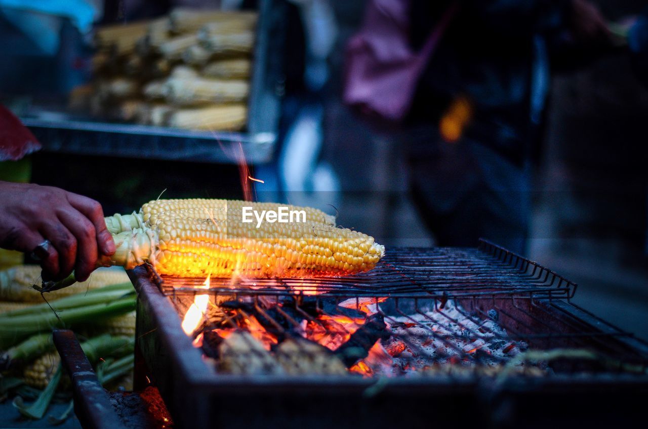 Person roasting corns on barbecue grill