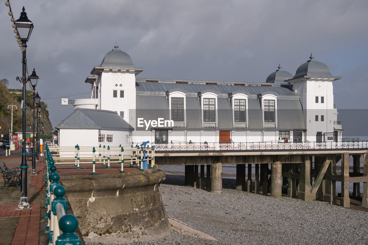 Penarth pier and pebbled beach.