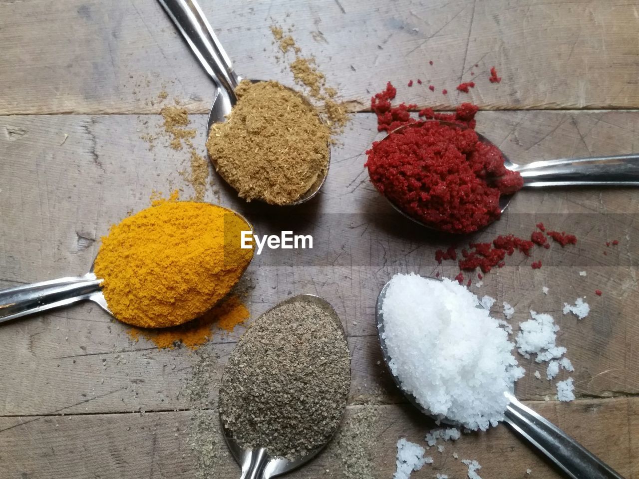 Various spices in spoons on table