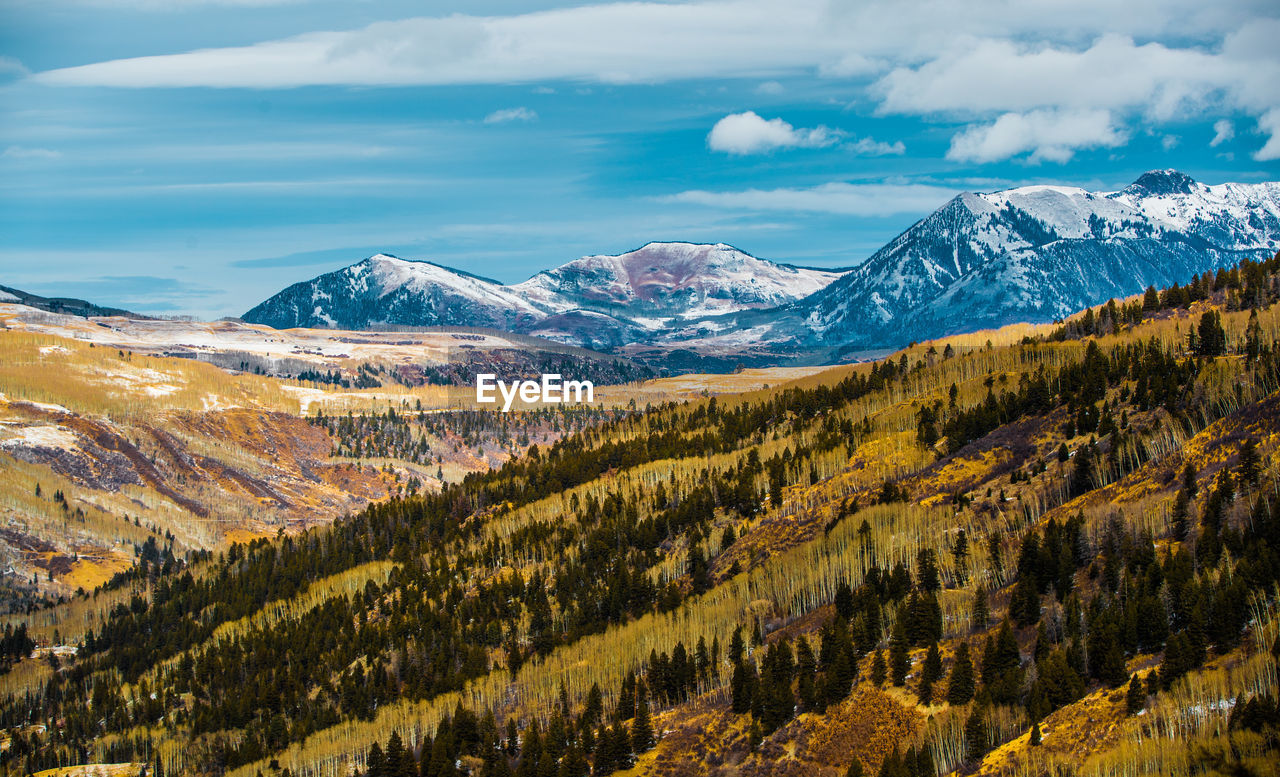 Scenic view of snowcapped mountains against sky