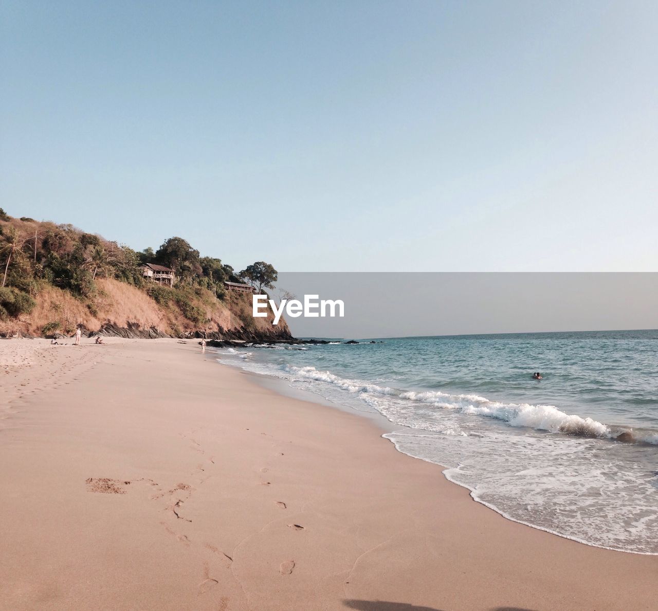 Scenic view of beach against clear sky