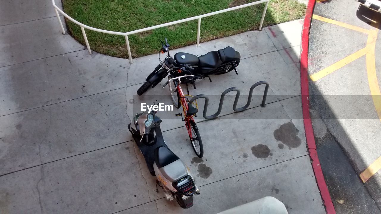 HIGH ANGLE VIEW OF BICYCLES