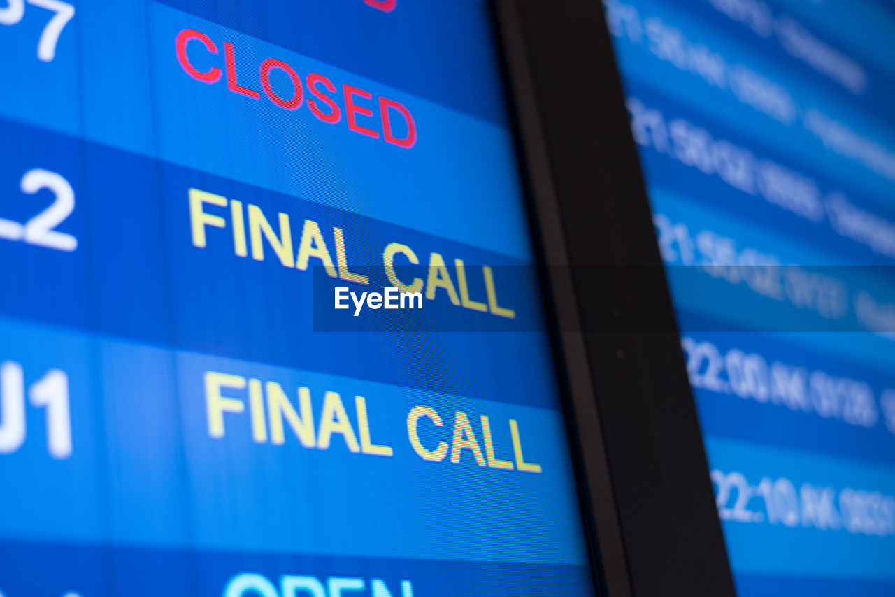 Close-up of arrival departure board