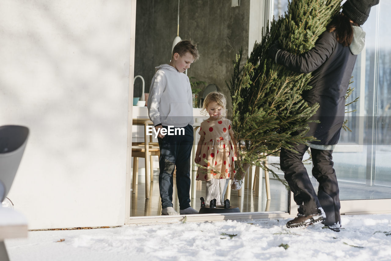 Woman carrying christmas in front of house