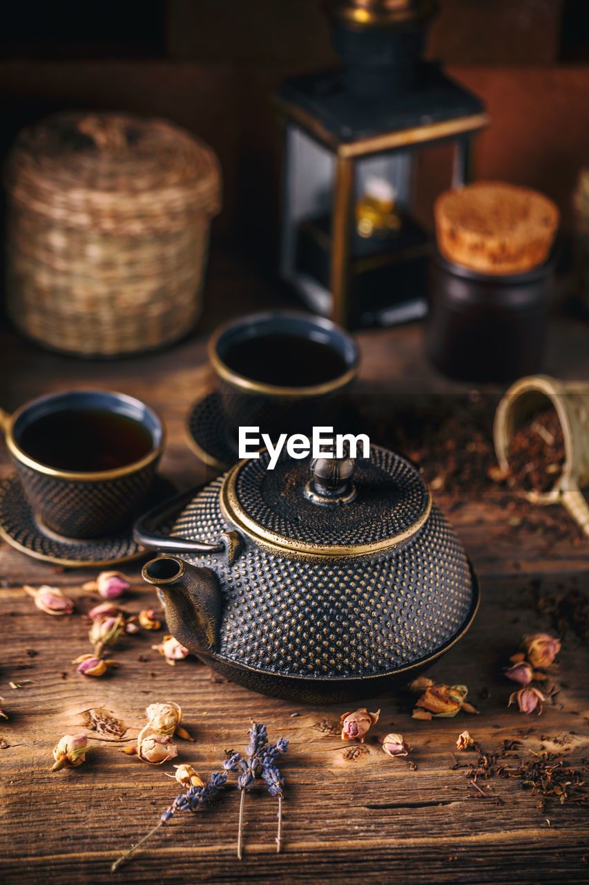 high angle view of coffee cup on table